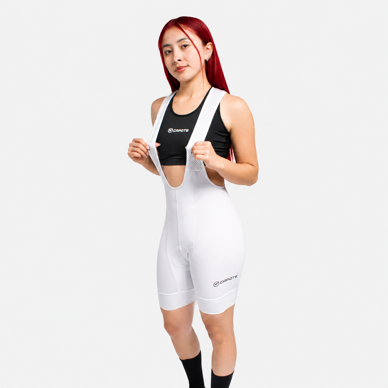 Licra de ciclismo Capote Mujer Corta Plus blanca con cargaderas
