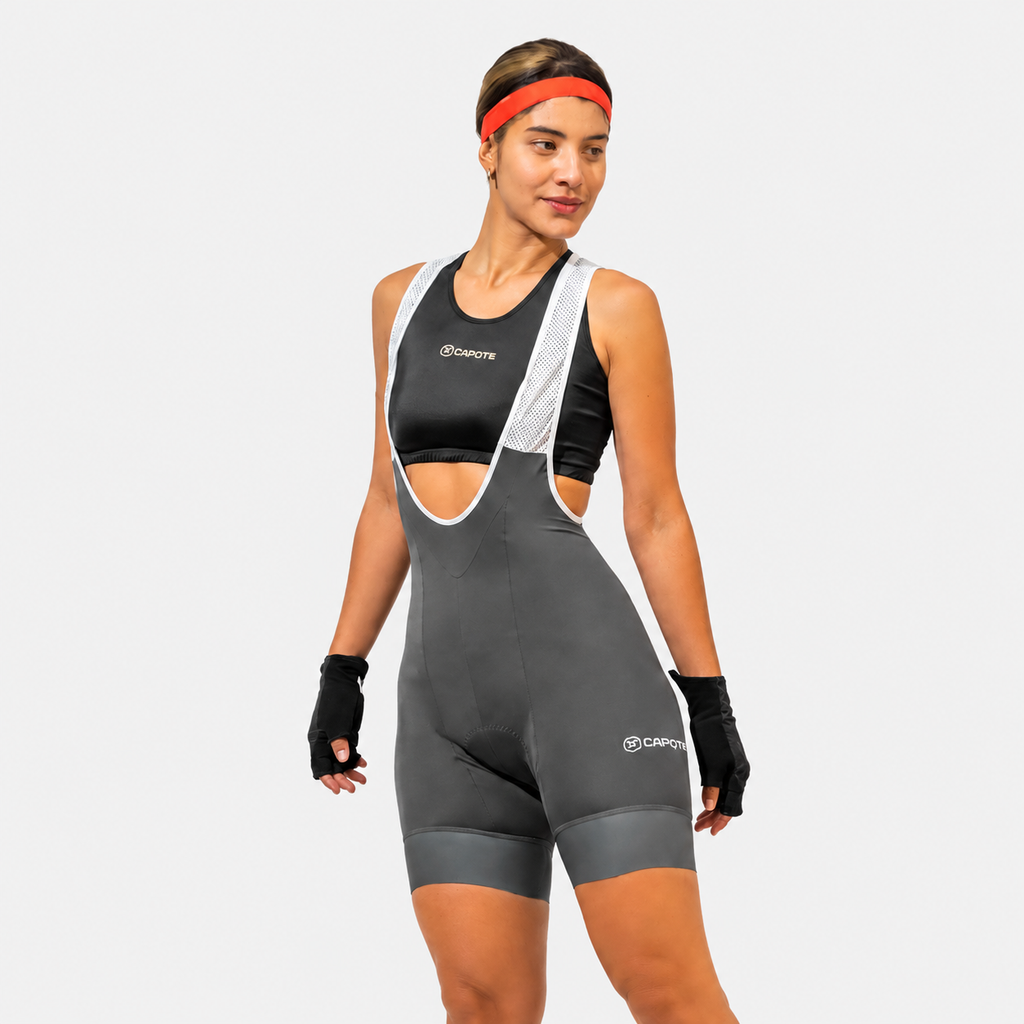 Licra de ciclismo Capote Mujer Corta Plus gris con cargaderas