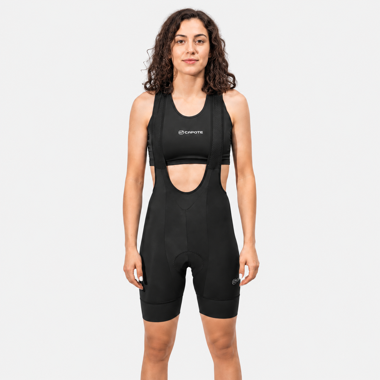Licra de ciclismo Capote Mujer Corta Plus negra con cargaderas