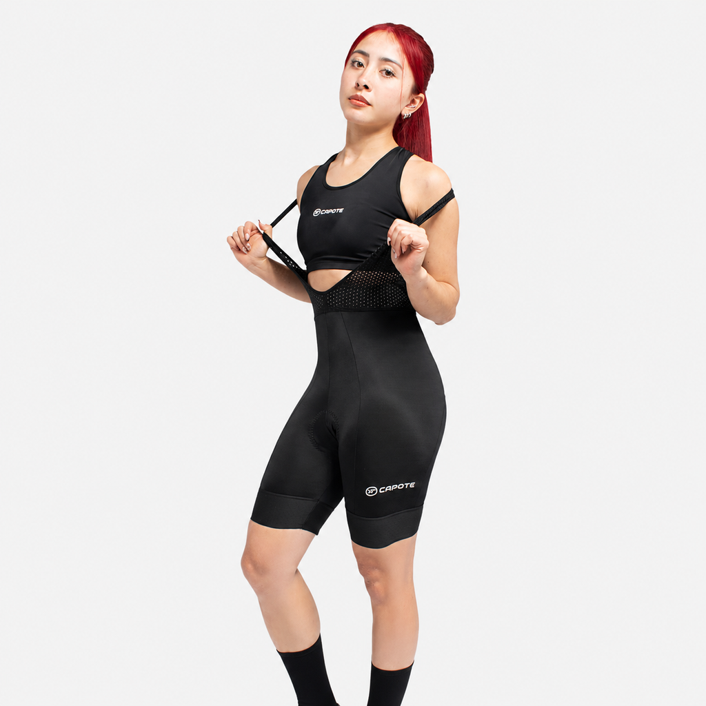 Licra de ciclismo Capote Mujer Corta Light negra con cargaderas